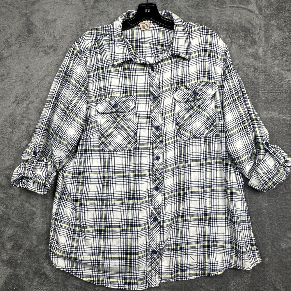 Duluth Trading Shirt Women's 1X‎ Button Up White Blue Neon Plaid Roll Tab Sleeve